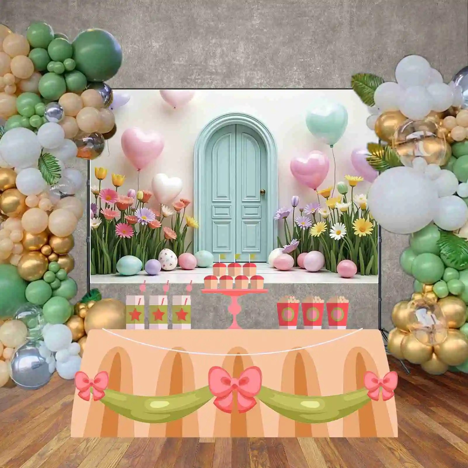 MOON.QG 2025 Easter Flowers Arch Heart Balloons Backdrop Rabbit Bunny Background Party Photography Studio Shooting Decorations