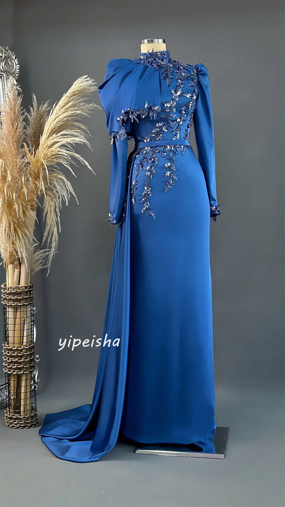 Jiayigong   Sexy Casual  Satin Beading Sequined Draped Graduation A-line High Collar Bespoke Occasion Gown Long Dresses