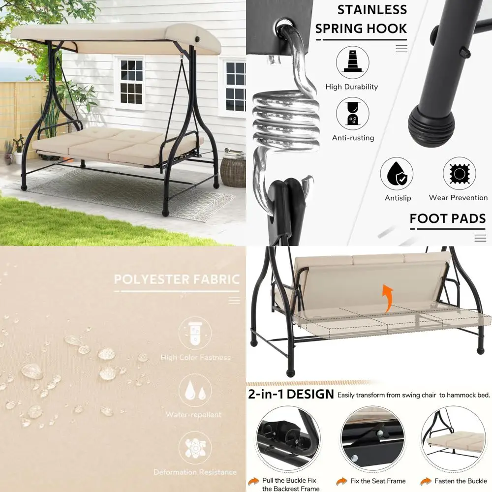 

3-Seat U-MAX Outdoor Swing Chair with Adjustable Backrest and Convertible Canopy