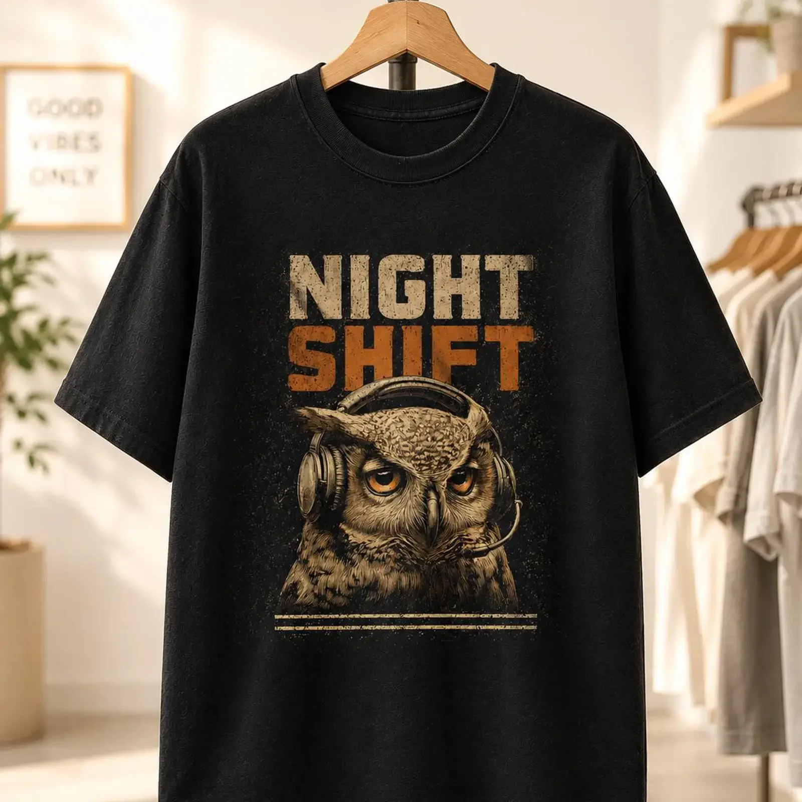 Night Shift Owl Vintage T Shirt Retro Nocturnal Headphone Coffee Lover  vintage Washed graphic Stylish Slightly