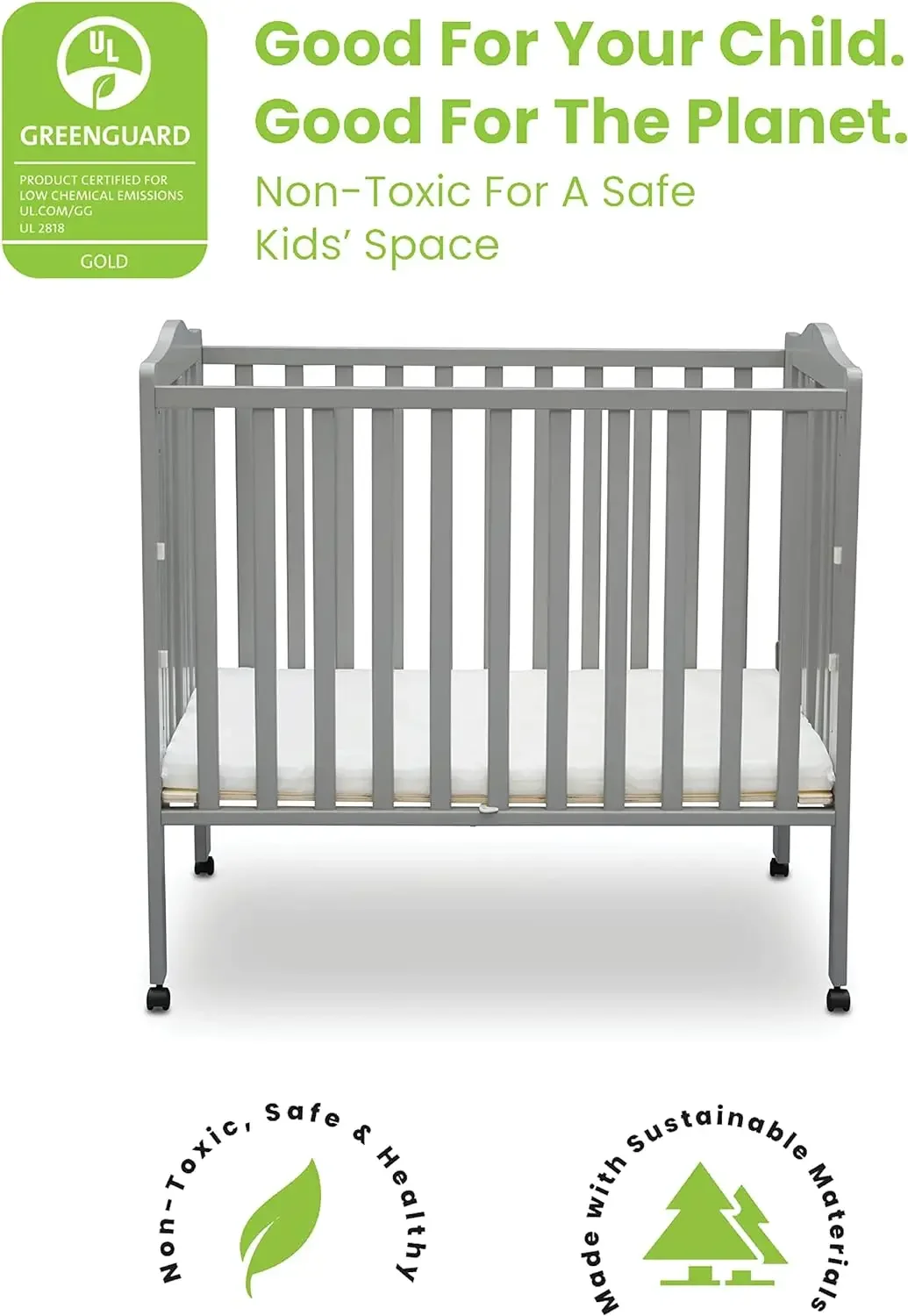 Delta Children Mini berceau portable pliant avec matelas de 1,5 pouces - Certifié Greenguard Gold, gris