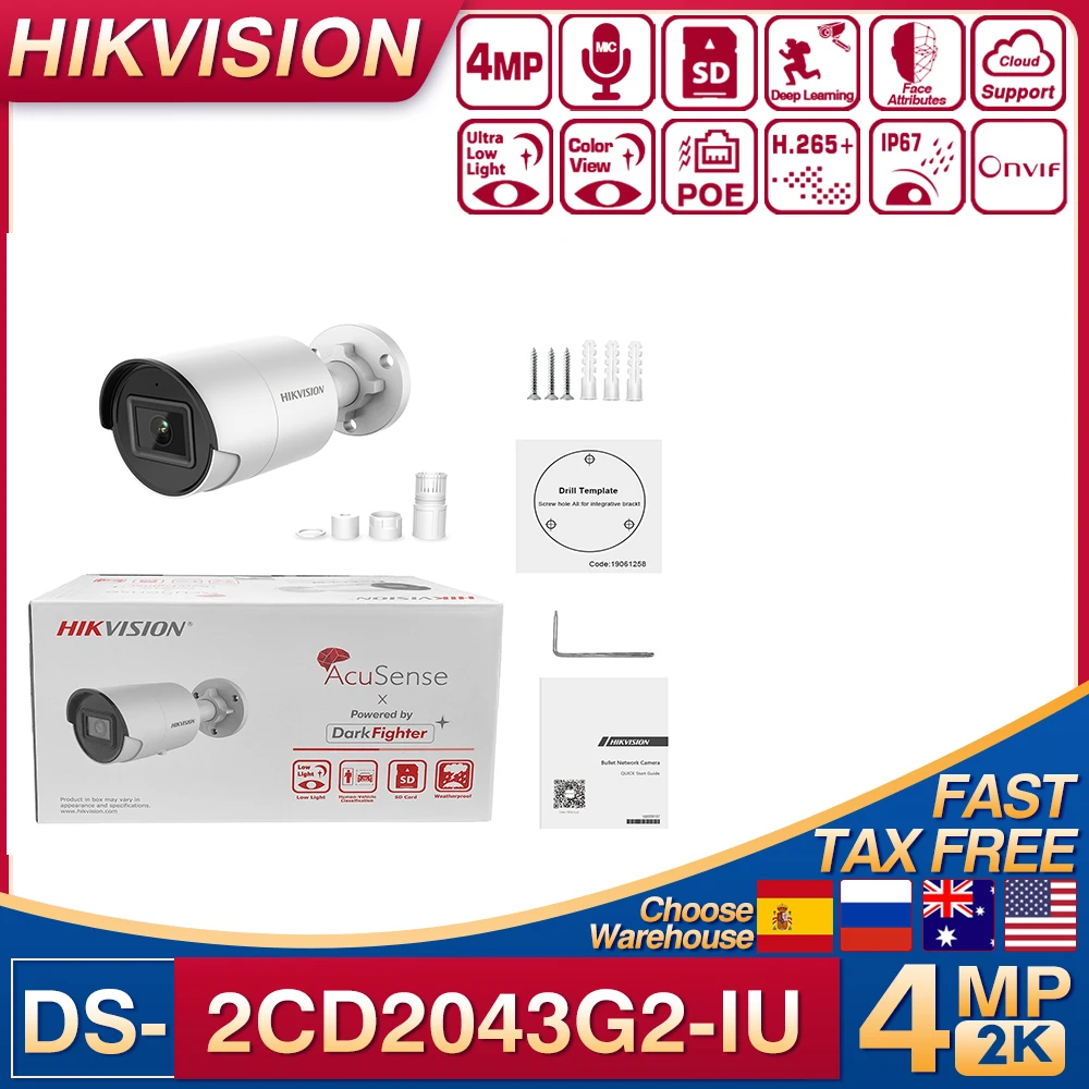 

Original Hikvision 4MP POE Bullet IP Camera IR WDR Built-in Mic DS-2CD2043G2-IU SD Acusense Card Smart Home Motion Detection