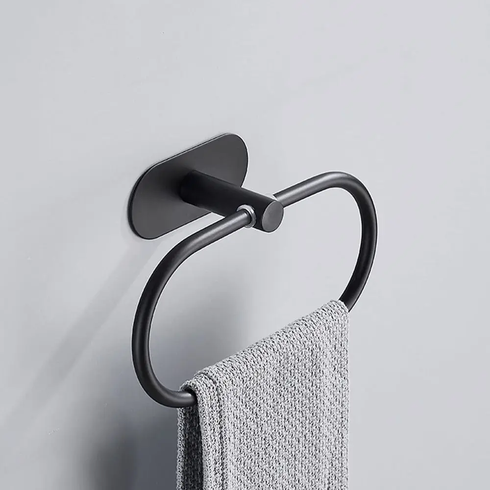 Stainless Steel Towel Ring Silver Black Modern Design Towel Holder Wall Mount Oval Shaped Towel Rack Space Saving