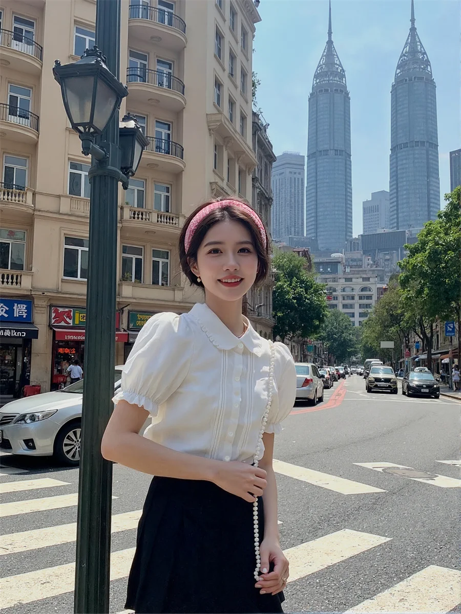 قمصان نسائية قصيرة الأكمام مع الكشكشة س الرقبة الياقة المستديرة زر الجبهة بسيطة الأساسية الحد الأدنى بلوزات بلايز عادية الموضة #3