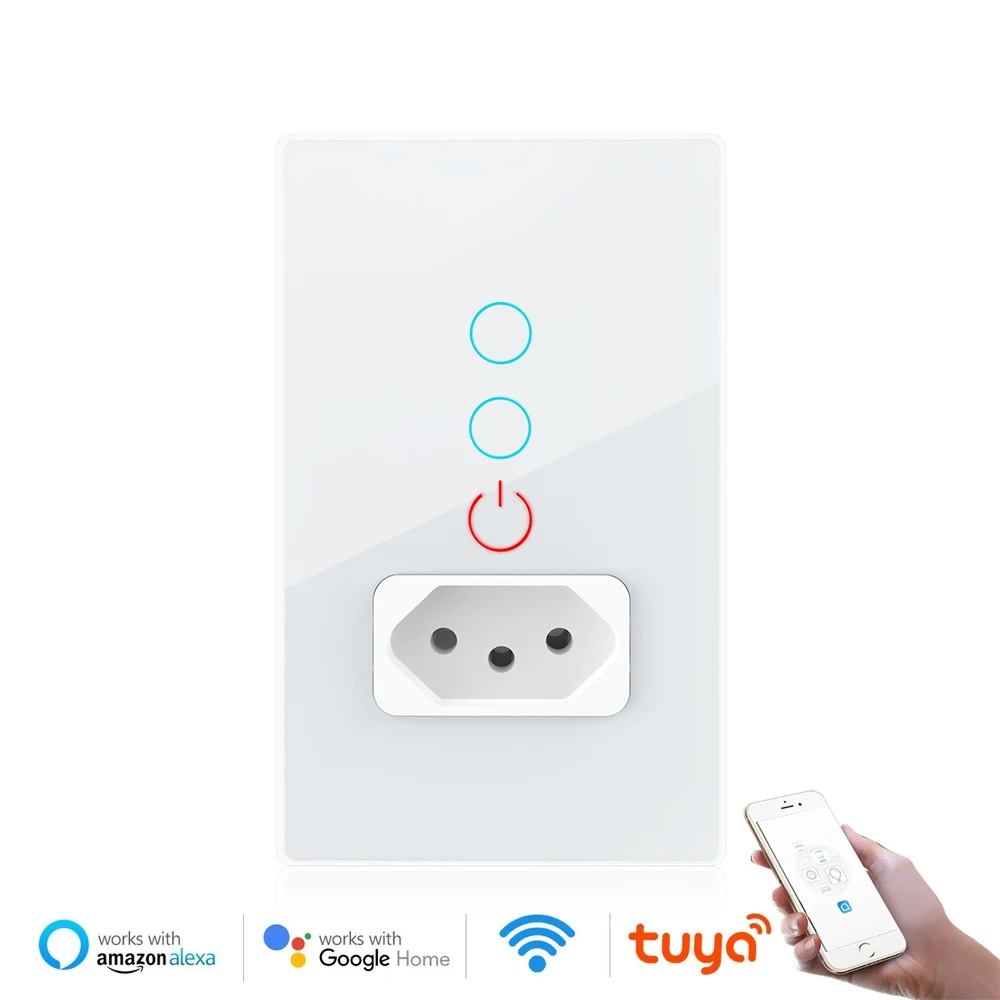 Shawader Zigbee Smart Tuya Brazil Light Switch Wall Socket Plug Outlet Glass Touch Sensor Panel by Alexa Google Home Automation