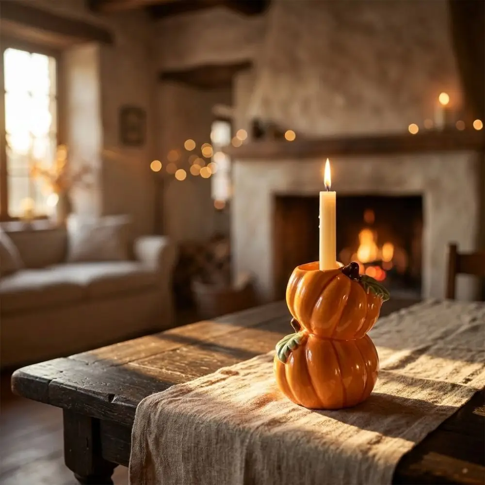 Ceramic Ceramic Candle Holder Centerpiece Realistic Pumpkin Candle Stand Unique Stack Design Halloween Candle Stick