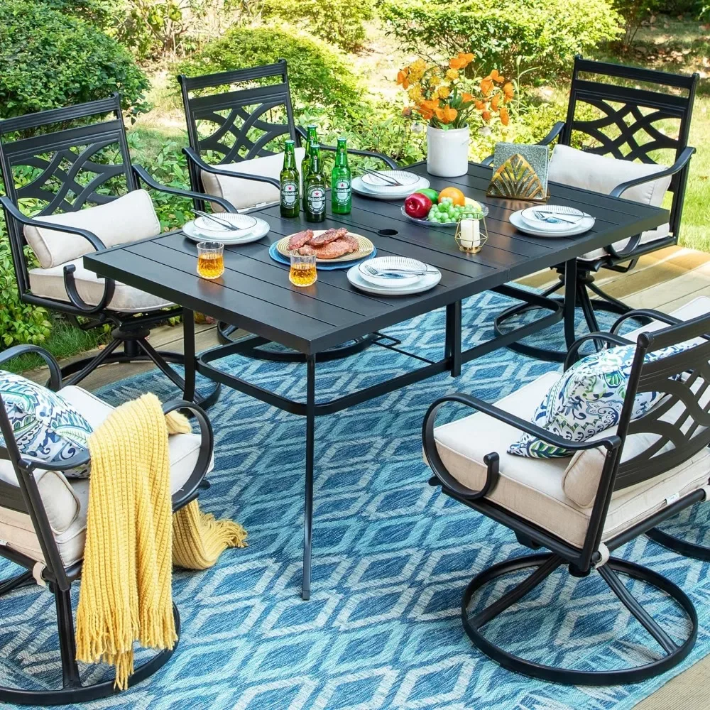 Outdoor Dining Tables for 6 People, Rectangular Metal Patio Outdoor Dining Table, Black Steel Slatted Weather-Resistant Table