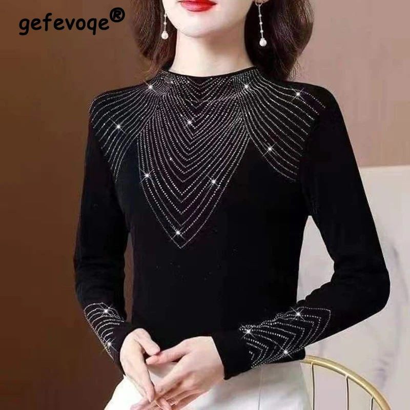 2023 autunno inverno donna moda coreana strass elegante maglietta di base nera sottile manica lunga mezzo collo alto peluche top caldi