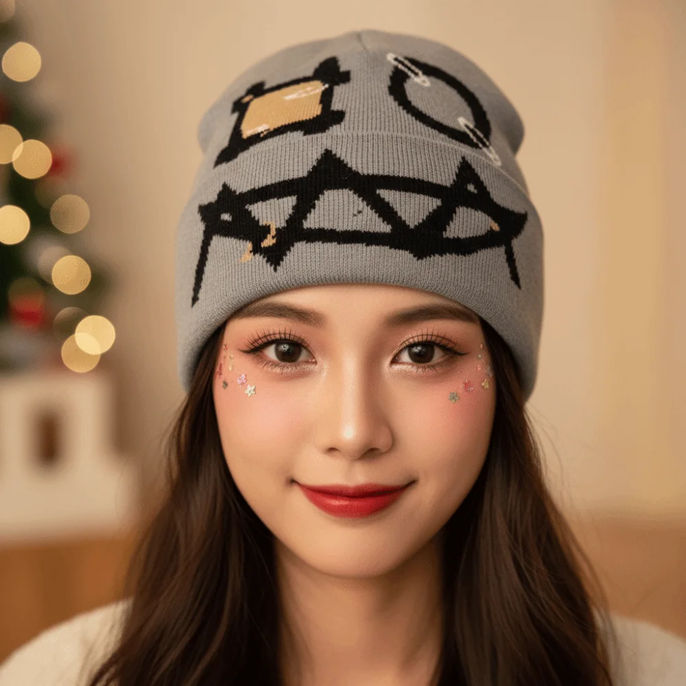 Printed Pattern Printed Pin Beanie Winter Warmth Acrylic Yarn Ghost Mask Cap Flat Design High Elasticity Demon Face Hat