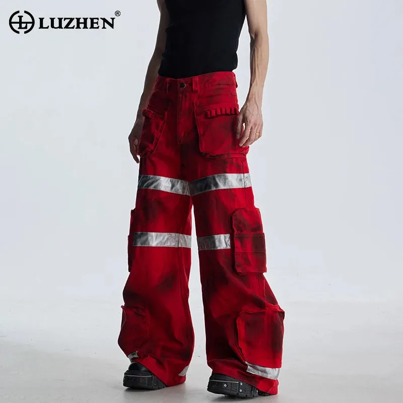 

LUZHEN оригинальные персонализированные отражающие легкие лоскутные свободные брюки-карго мужские 2025 новые уличные прямые повседневные брюки JY3824