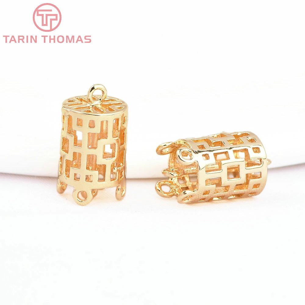 (7863) 6PCS 7x13MM 24K Gold Color Brass Cylindrical Hollow Out Connector Charms Pendants High Quality Jewelry Findings