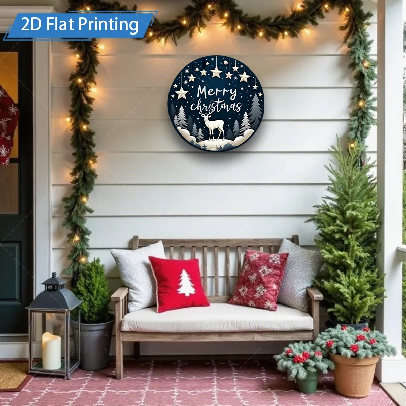 [2D FLAT] 1pc Metal Sign Christmas Deer Scene 2D Flat Print Metal Art Decor