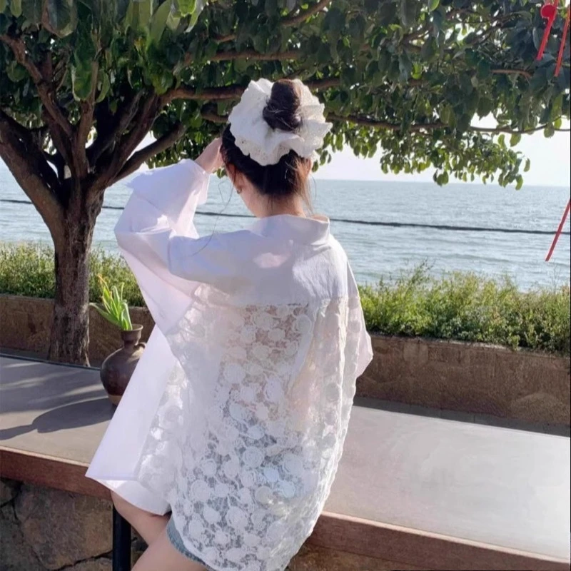 Wiosna/Lato 2025 Design Sense Koronkowa koszula damska z długim rękawem i luźnymi dziurami