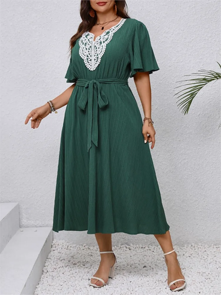 Plus Size Summer Embroidery Patchwork V-Neck Long Dress Women Loose Ruffle Pleated Ladies Dresses Elegant Fashion Woman Dress