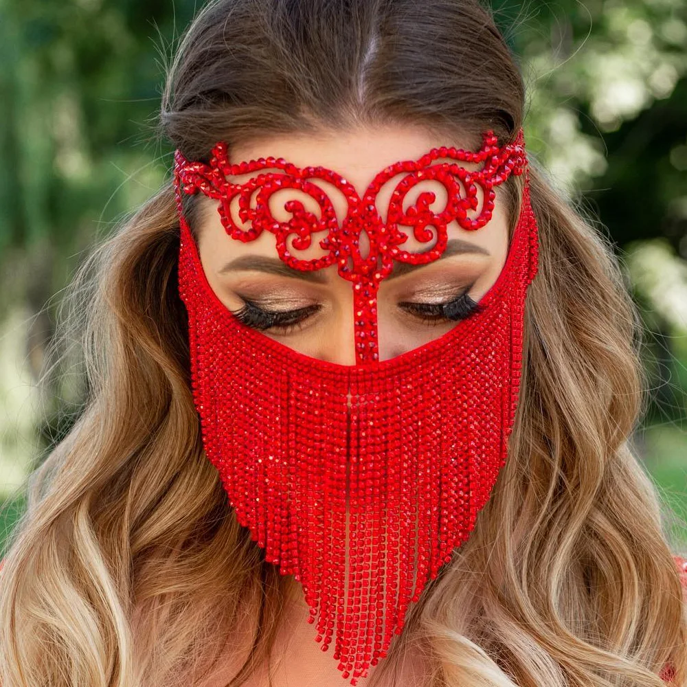 2023 Red Tassel Mask Glitter for Women Face Full Crystal Halloween Masquerade Headwear Sexy Bridal Veils Mask Elegant Rhinestone