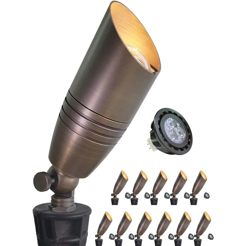 Brass Landscape Spotlights 12-Pack with Bulb Kit (S02), Low Voltage 12V AC/DC LED Outdoor Spotlights for Houses and Trees