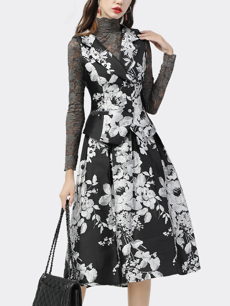 

Luxury Women Elegant Dress 2 Piece Skirt Set Vest for Lady Floral Suits Jacquard Fashion Sleeveless Party Clothes Casual Outfits