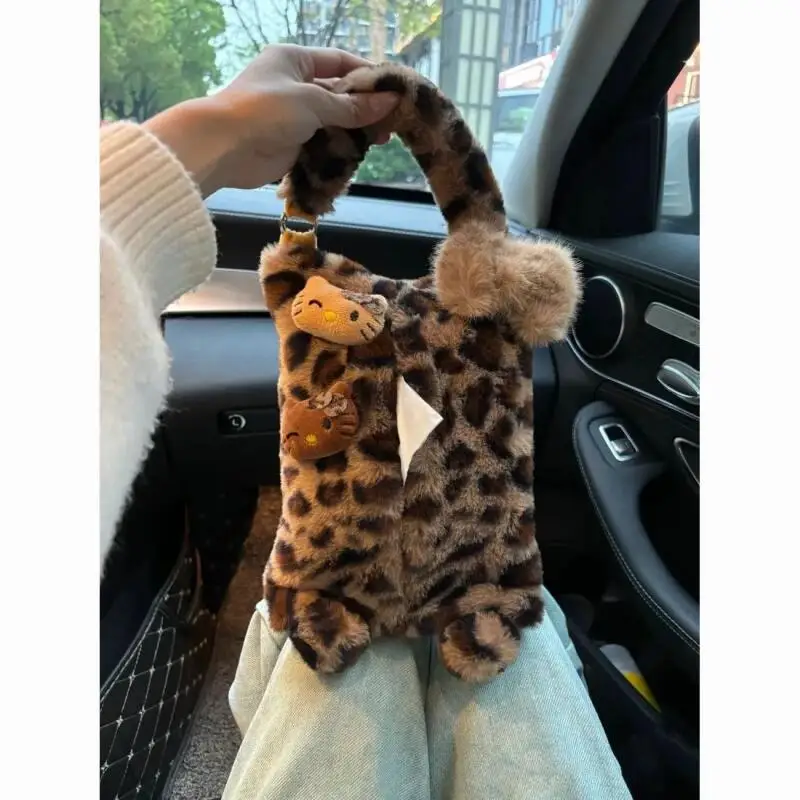 

Sanrio New Car Tissue Box Ins Cute Leopard Pattern Hello Kitty Women's Car Tissue Box Can Be Hung Car Tissue Box Holiday Gift