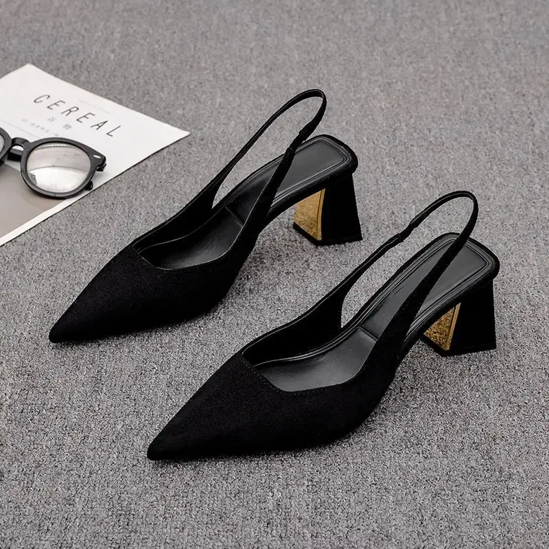 Elegant European Style 2024 Spring Summer New Women's Sandals With Pointed Shoehead High Heel One-Row Thick Heel Mule Shoes