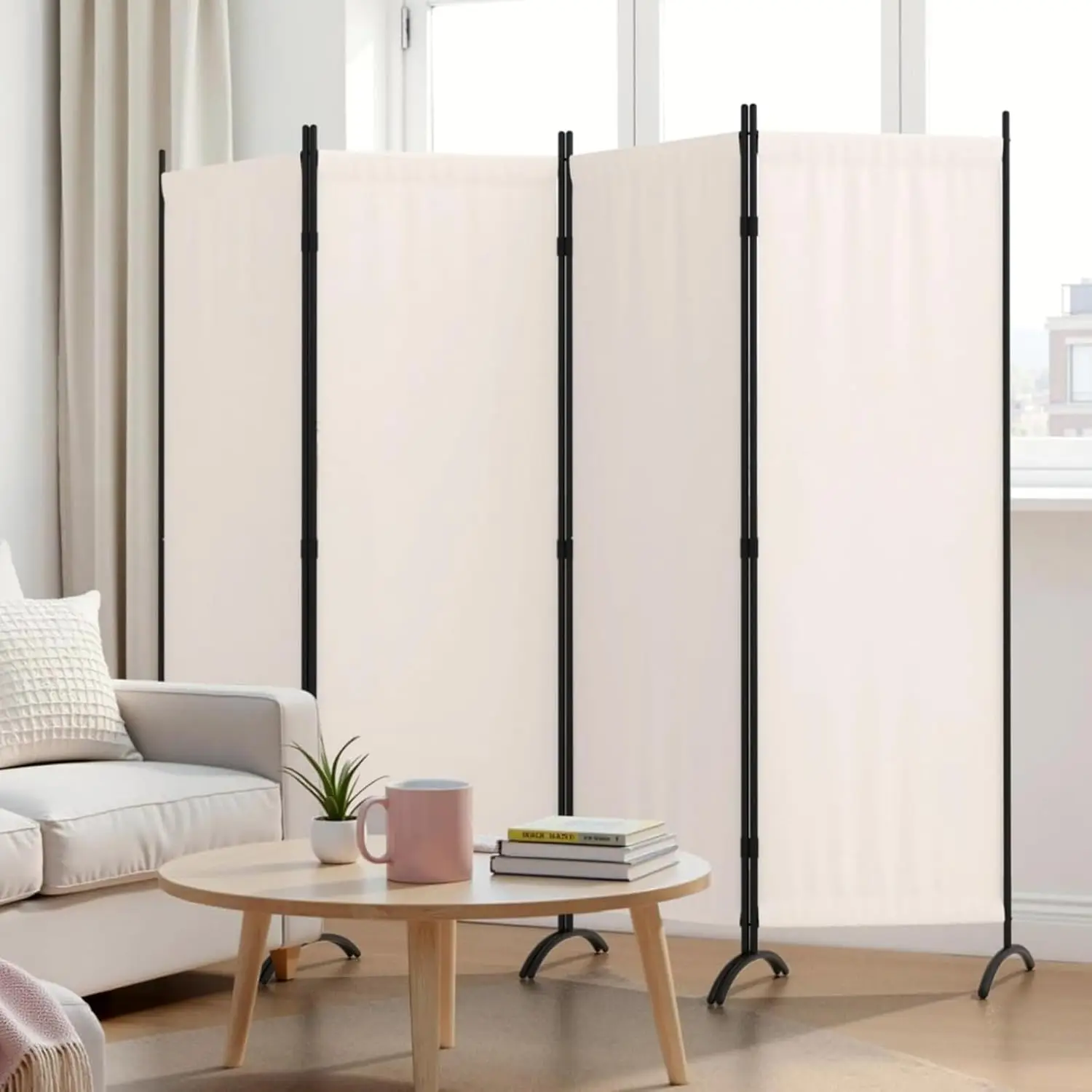 

Room Divider 4 Panel Folding Screen Portable Wall with 5 Curved Metal Feet Partition Room Dividers，6FT Wall Divider for