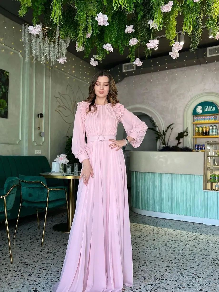 

Pink Chiffon Prom Dress 2023 Applique Sash Long Sleeves A-line Floor-Length Formal Occasion Dresses Vestidos De Graduación