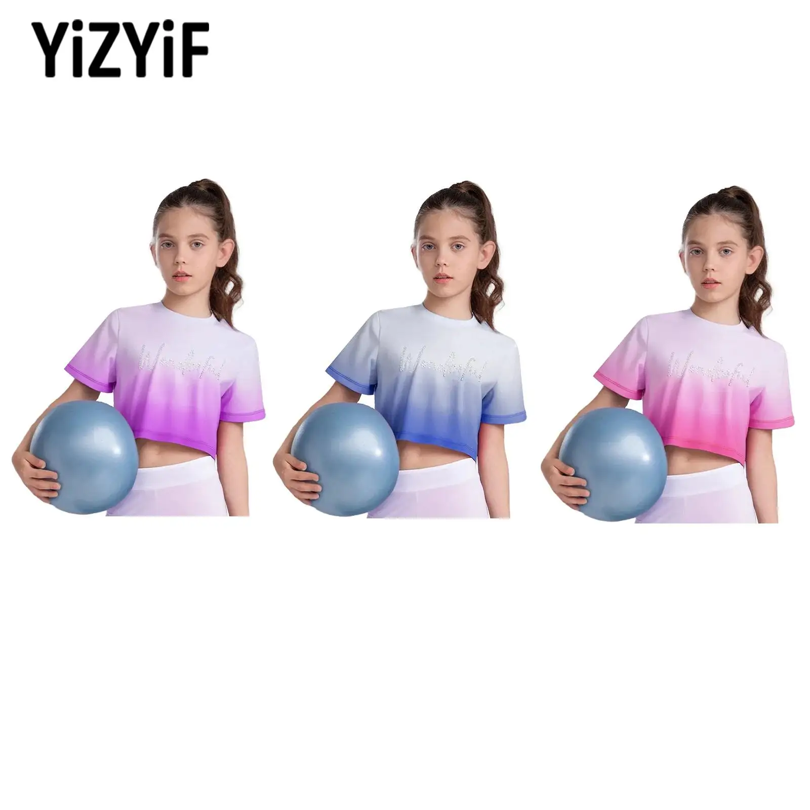 

Детский спортивный топ для гимнастики и танцев для девочек, модная футболка с короткими рукавами и блестящими стразами, градиент цвета для йоги, тренажерного зала, фитнеса, тренировок