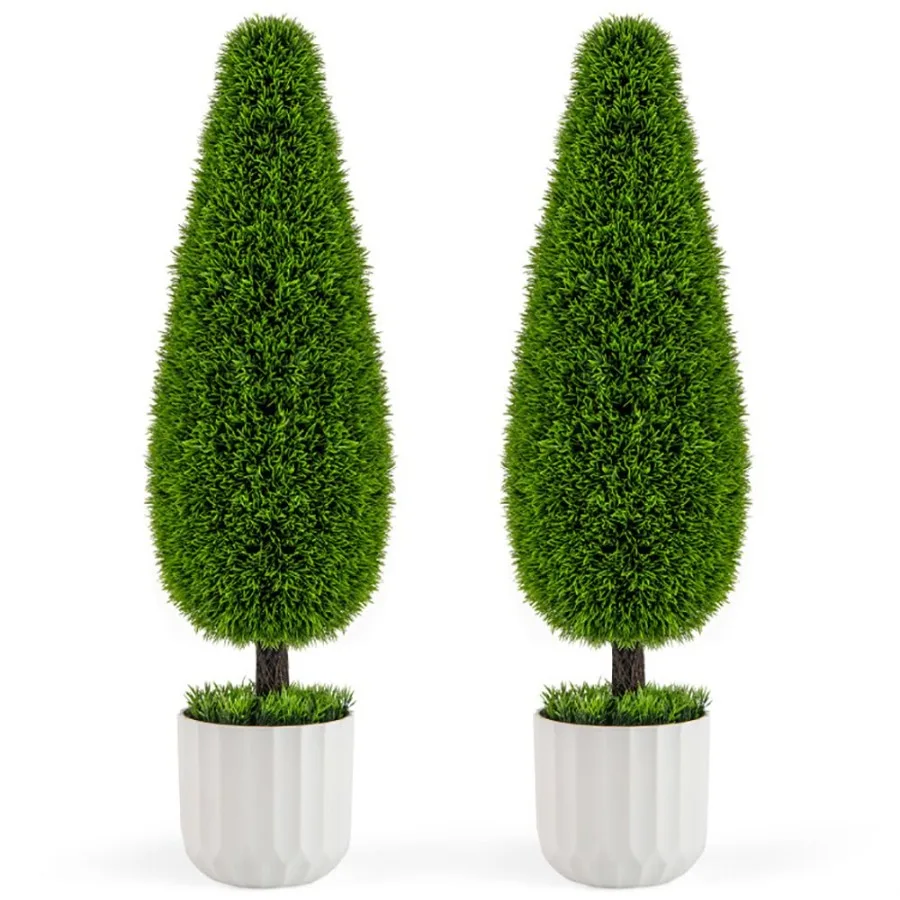 Paquete de 2 casquillos en forma de lágrima de cedro artificial de 3 pies con recipiente de plástico para vivero