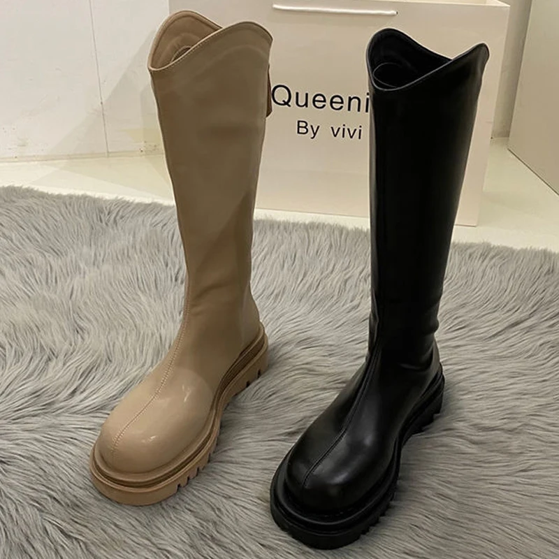 Women Boots Fashion Casual Non Slip Zipper Knee Boots Woman Comfortable Round Boots Ladies Platform PU Winter Boot Female