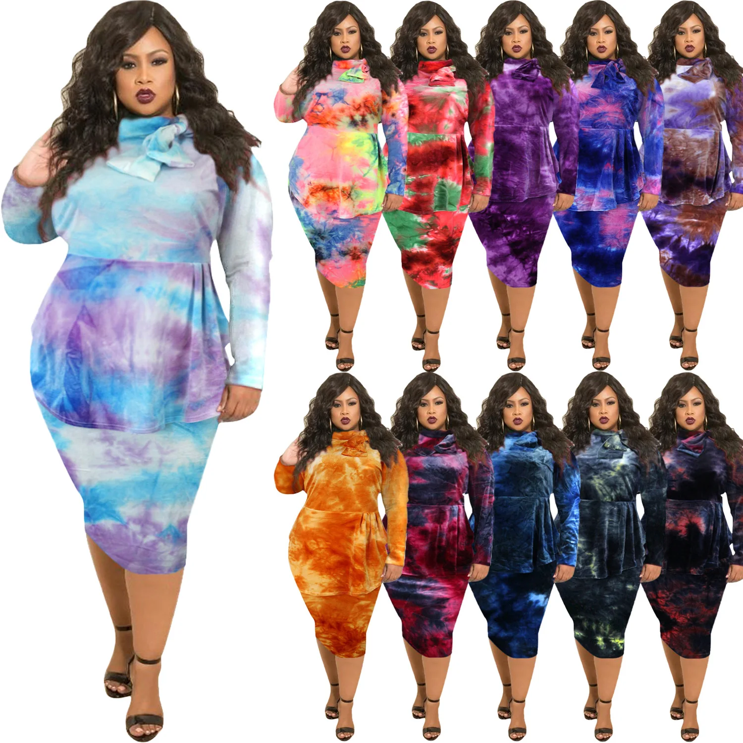 

Sexy Velvet Tie-Dye Fashion OL Style Bow Stand Mid-Calf Dress for Women Pack Hip Trumpet/Mermaid Skirt Spring Autumn Plus Size