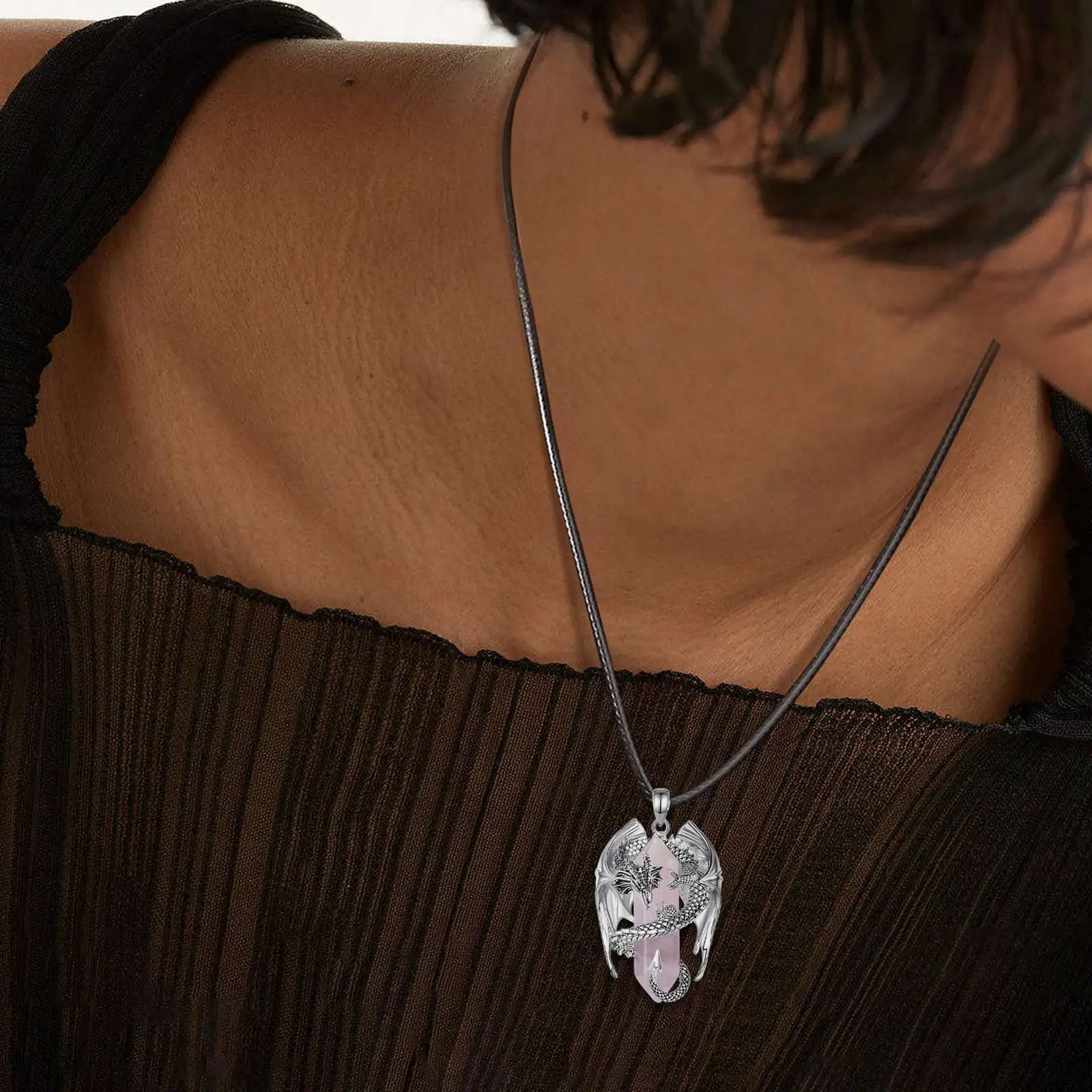 Eudora Dragon Twining Hexagonal Rose Quartz Prismatic Necklace Punk Healing Stone Rose Quartz Pendant Jewelry Gift for Man Women