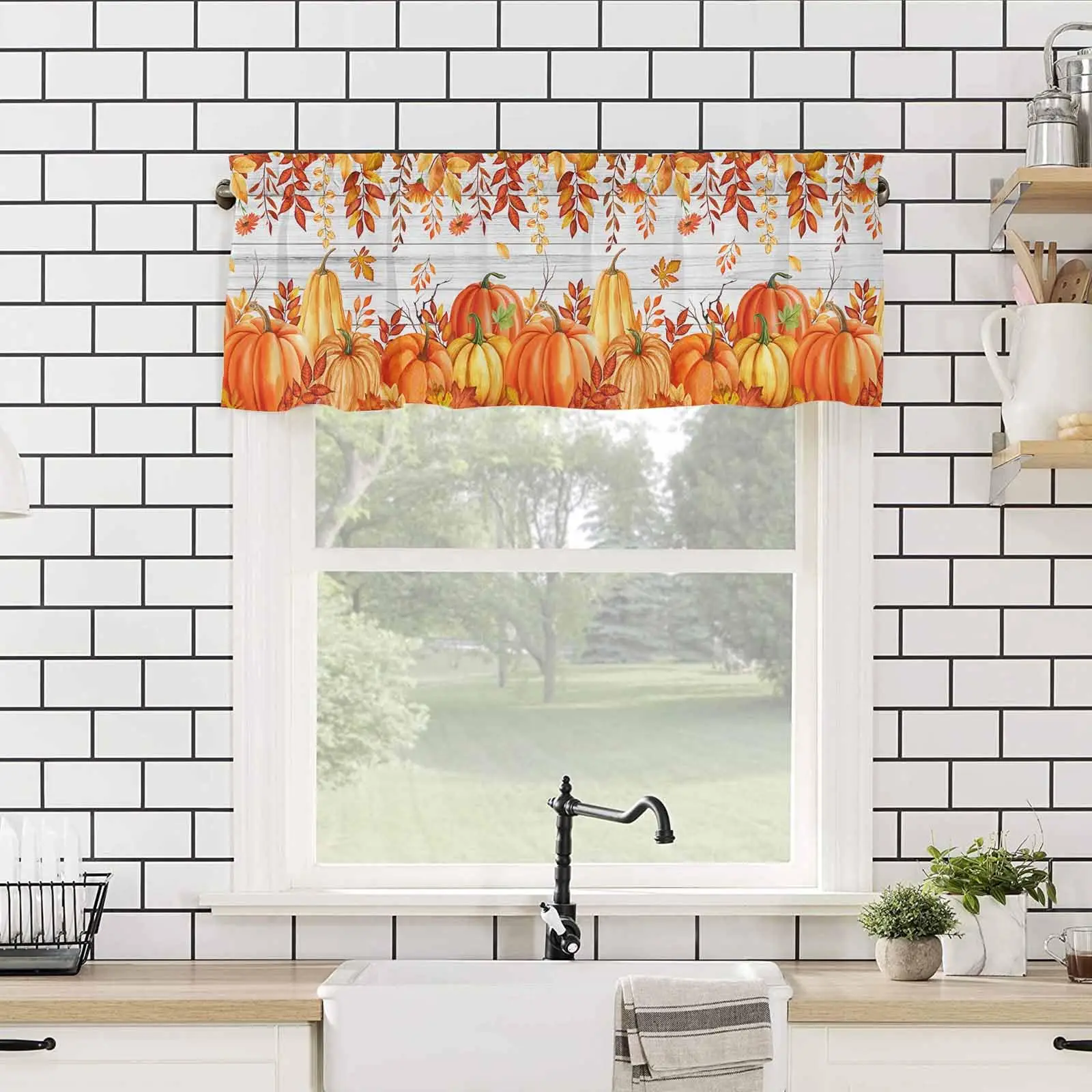 Curtains for Kitchen Windows Pumpkin Thanksgiving Autumn Leaf Window Valances Rustic Orange Window Treatment 54x18 inch, 1 Panel
