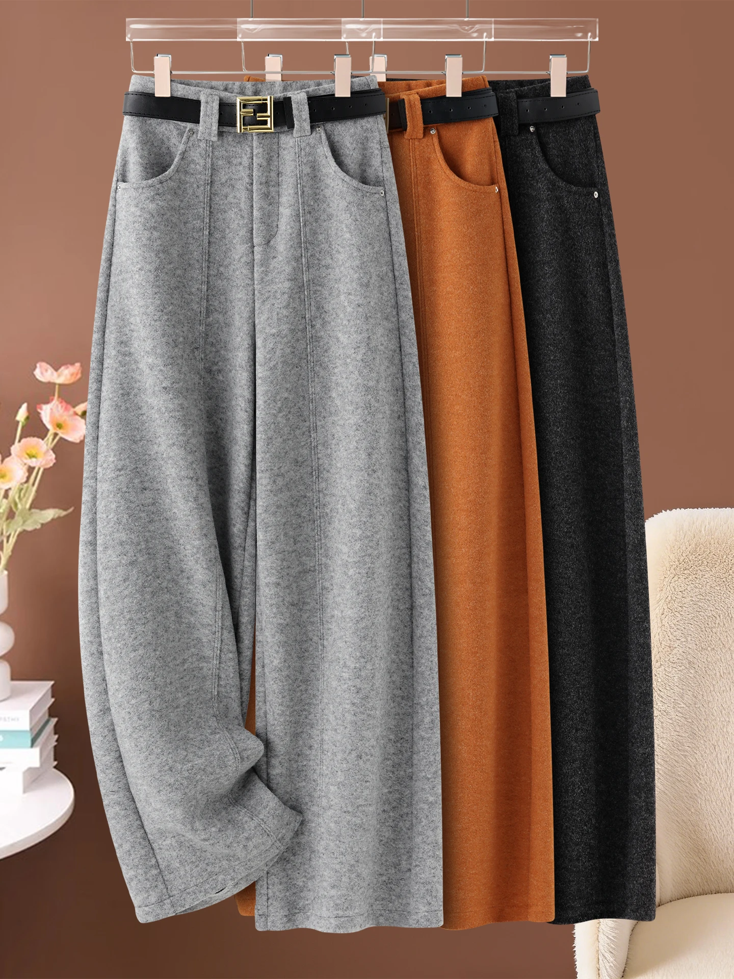 

High Waist Fleece Lined Woolen Knife Wide Leg Pants Slimming Straight Cut Trousers for Women Autumn Winter New Style Casual