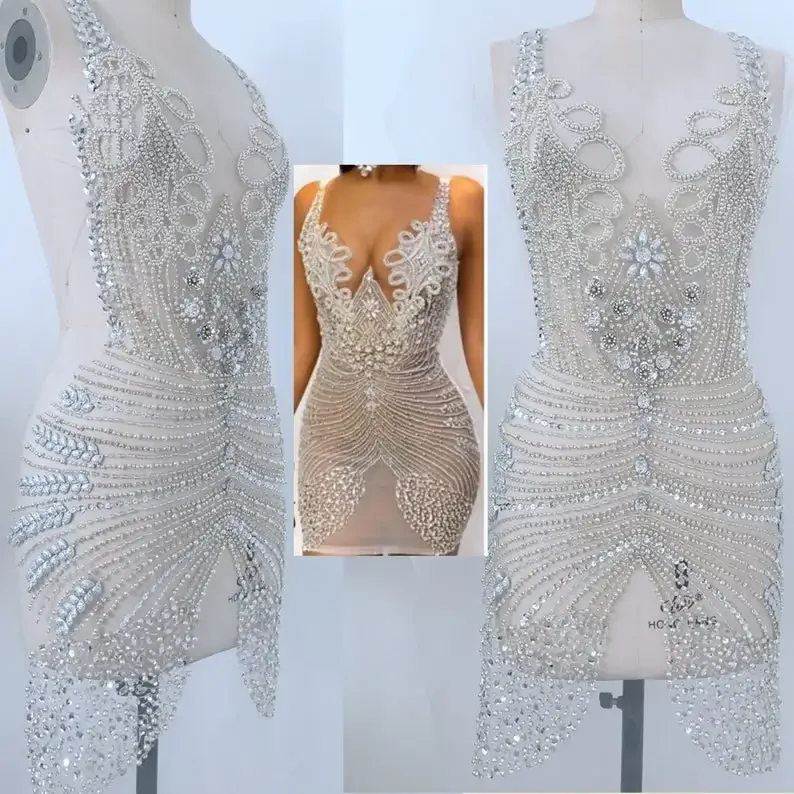 Super Large Silver Luxury Rhinestone Bodice Crystal Applique Heavy Bead Handmade Bodice Patch Haute Couture Prom Bridal