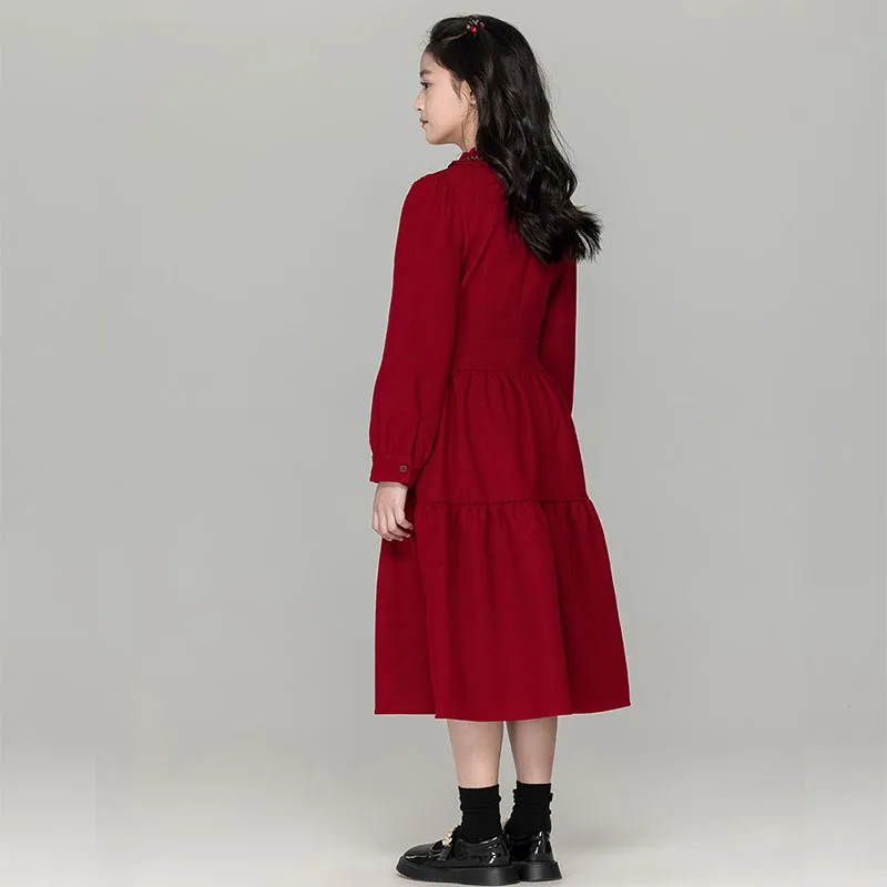 فستان توين خريف شتاء 2025 فساتين سروال قصير أحمر للفتيات الصغيرات ملابس أطفال للبنات مقاس 10-12 7-8 14-16 9 11 13 15 سنة