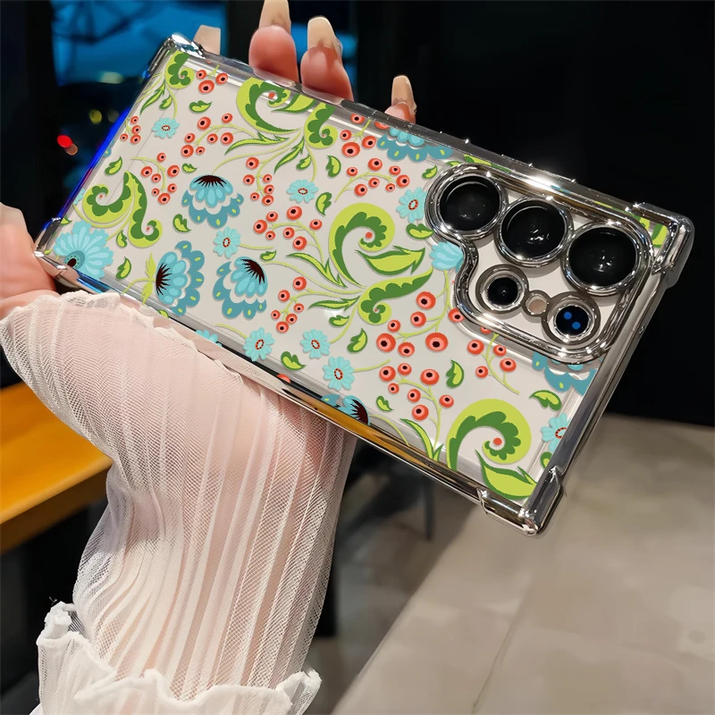 Plating Soft TPU Phone Case For Samsung Galaxy A07 A04S A05S A06 A05 A04 A03 Core A02 A02S A03S Floral Leaves Shockproof Cover