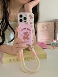 Pink bow bear card holder phone case for iphone 11 12promax 14 13 15pro 13pro 15 pro max 14pro 12 milk white rope cute funda