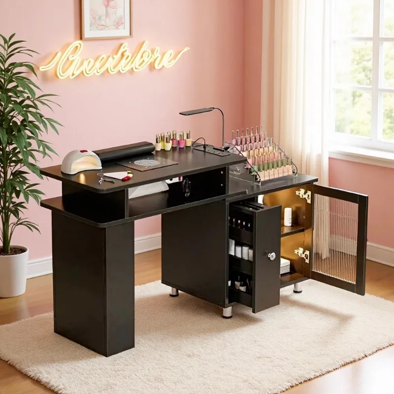 Nail art table with dust collector, removable acrylic, glass cabinet door