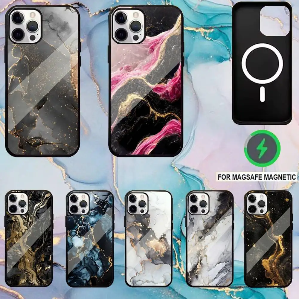 

Black Art Gold Marble Phone Case For iPhone17,16,15,14,13,12,11 Plus,Pro Max Magnetic Magsafe Wireless Charging