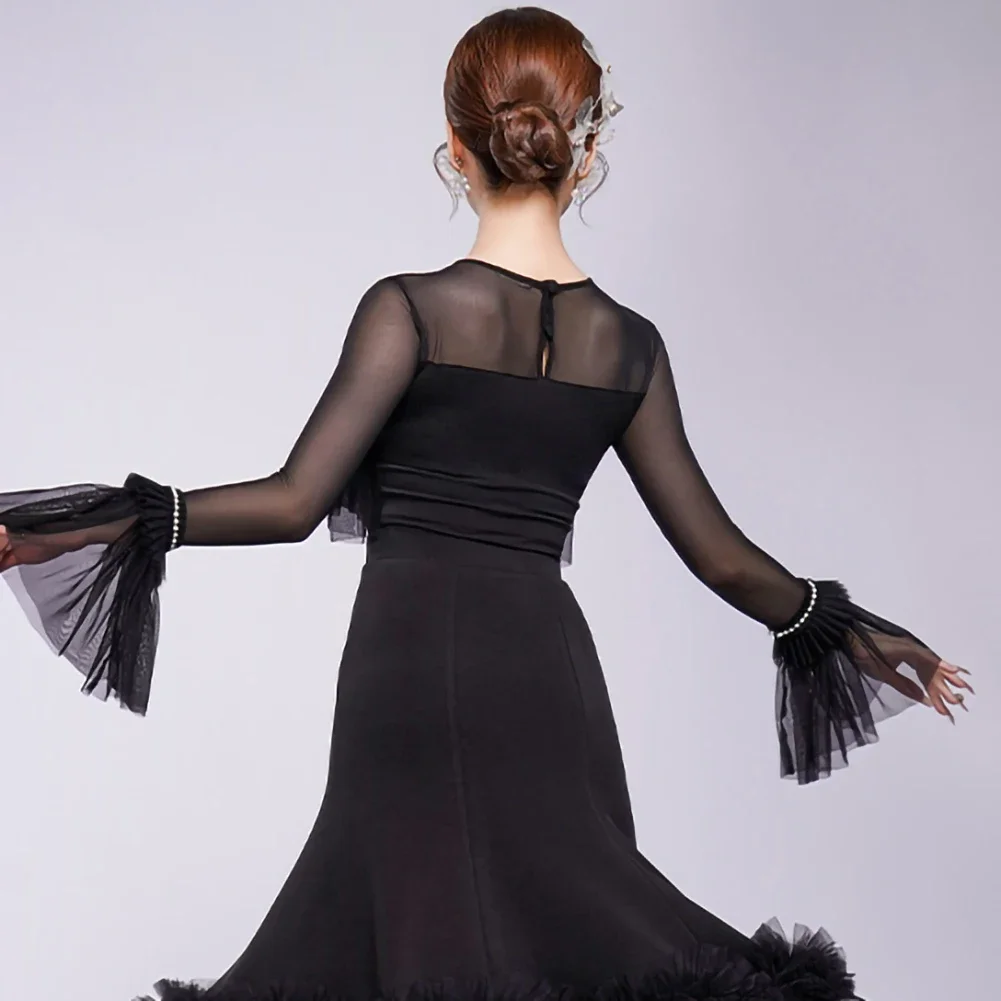 2025 Rose Powder Latin Dance Jumpsuit White Cloud Yarn Dance Practice Long Sleeve Ball Top Round Neck Clothing Women's