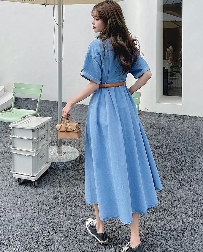 Casual Women Denim Dress 2024 Elegant Fashion Short Sleeve Turn-Down Collar Single Breasted High Waist Vintage Dress Female