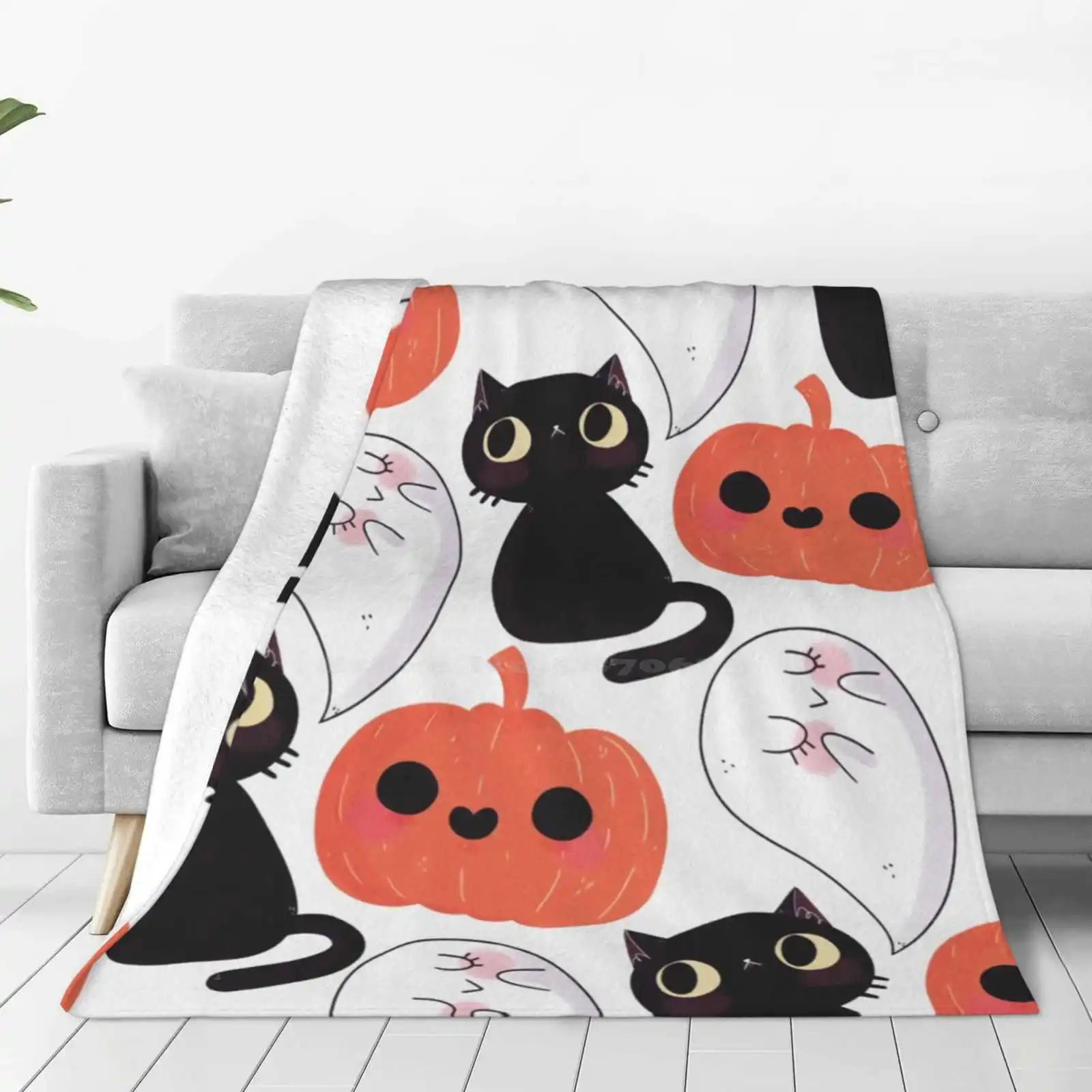 Spooky Fashion Soft Warm Throw Blanket Spooky Cute Halloween Cat Kitty Pumpkim Ghost Pattern