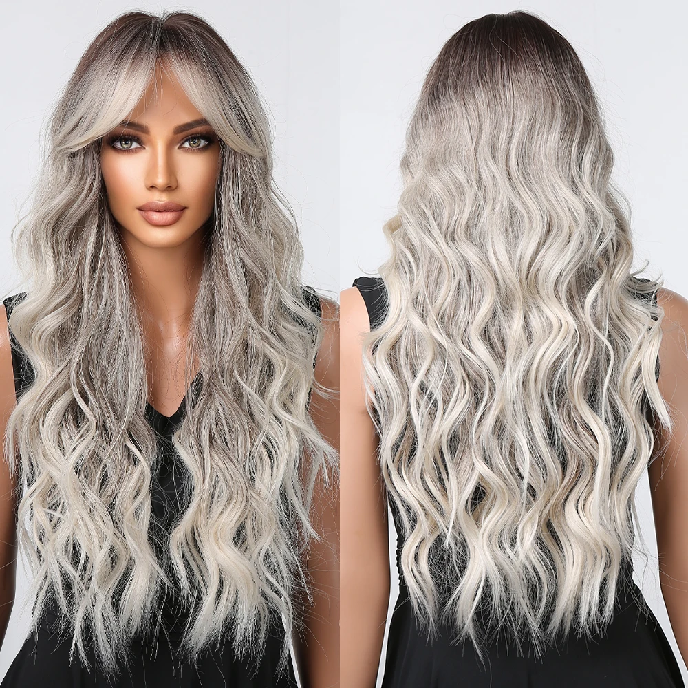 Easyhair brązowy jesion blond peruki syntetyczne Ombre długie faliste z grzywką naturalna peruka dla kobiet Cosplay codzienna peruka termoodporna