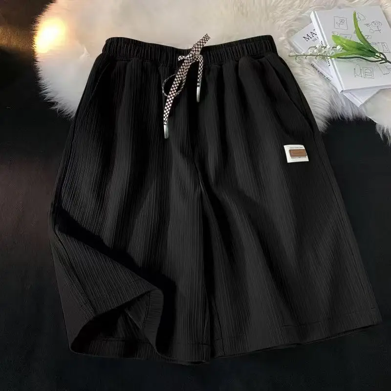 Women Summer Simplicity Loose All-match Ice Shreds Solid Color High Waist Wide Leg Women Clothes Appear Thin Thin Quarter Shorts