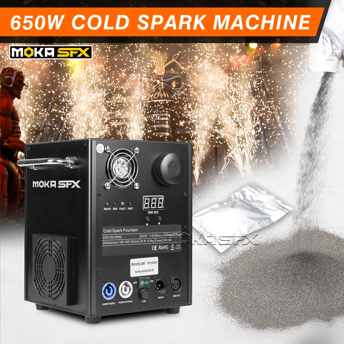 Imagem -02 - Moka Sfx 650w Máquina de Faísca Fria Dmx 512 Controle Remoto Máquina de Fogos de Artifício Efeito Não Fototrônico para Palco Casamento Mostrar