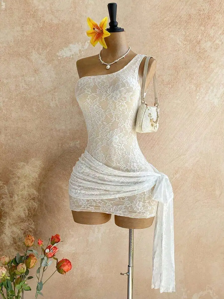 

White Lace One Shoulder Bodycon Mini Dress With Asymmetrical Neck And Tie Waist