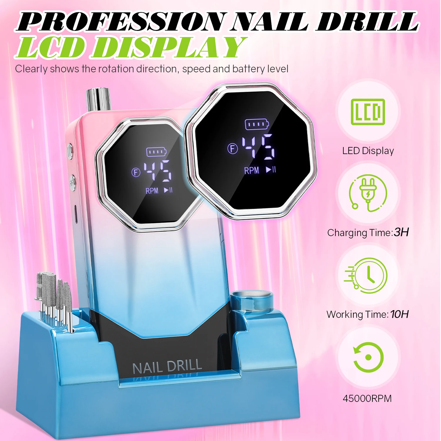 45000RPM Rechargeable Electric Nail Drill Machine Professional Nail Drills for Gel Nails Polish Portable Nail File Manicure Tool