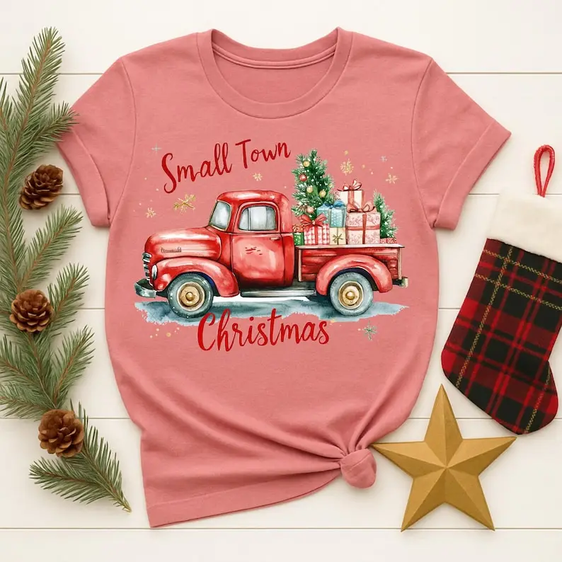 عيد الميلاد شاحنة حمراء المرأة قمصان قطنية مدينة صغيرة عطلة تصميم لطيف هدية عيد الميلاد تي شيرت مطبوع بلايز للجنسين قصيرة الأكمام