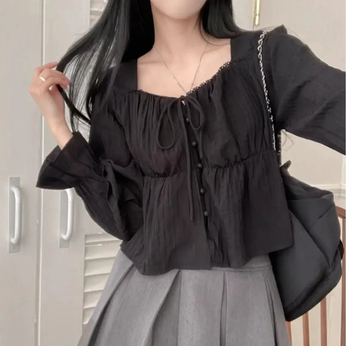 Sweet Girl ort Bubble Sve Top in chiffon con orlo arricciato Faion da donna coreano Sle Primavera Estate Design Ele Doll irt