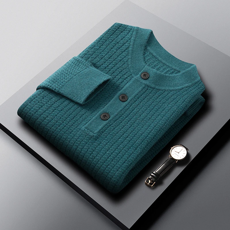 

100% Sheep Wool Clothes Men Autumn Winter Trendy Warm Cashmere Wool Sweater Long Sleeve Fashion Buttons Wool Tops Pullovers