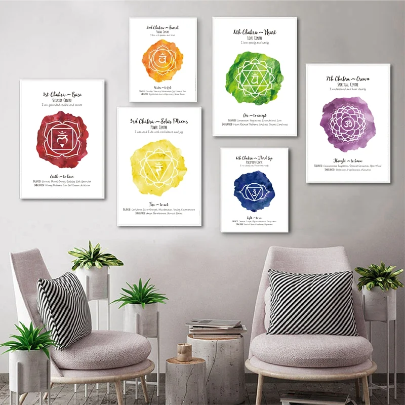 7 Chakra Poster 7 Chakras Yoga Mediation Wall Art Print Health Aum Yoga Om Symbol Watercolor Poster Canvas Painting Home Decor